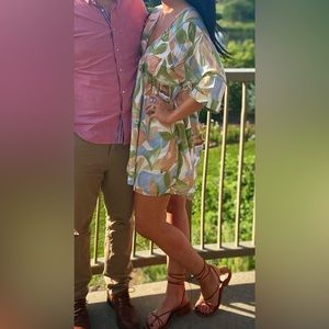 Petal and Pup Mini Dress, Babydoll fit, green/tan/light blue, Size M